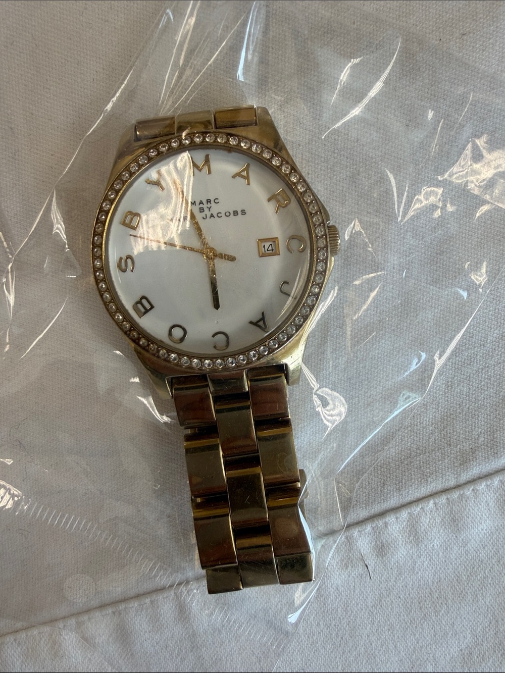 Marc by Marc Jacobs Gold-Tone Crystal Bezel Watch with White Dial